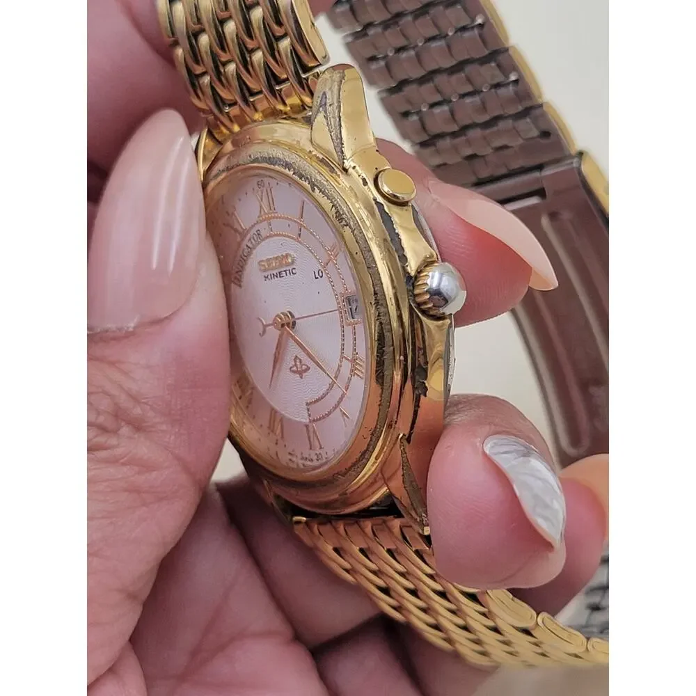 Rare Seiko Kinetic Wristwatch Gold Metal Movement 5M42-0A19 38MM Date